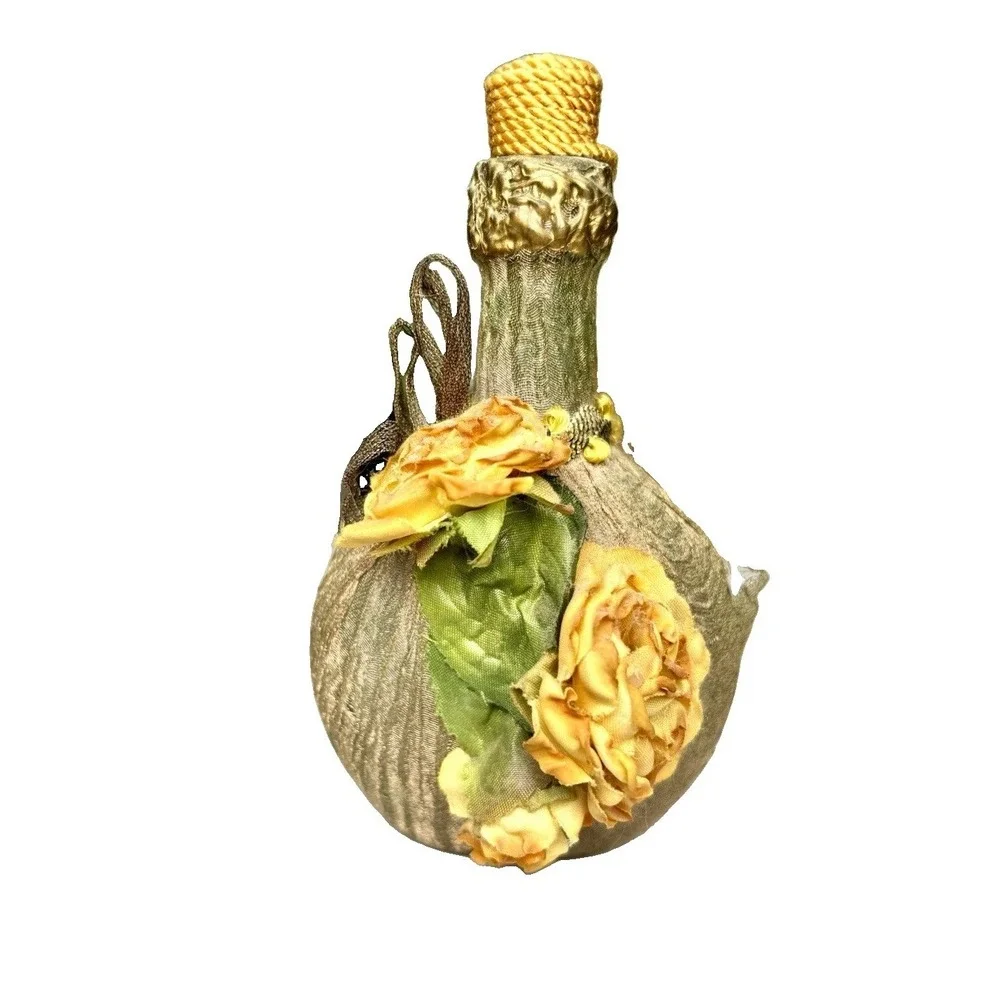 Vintage Gold Wrapped Decanter Bottle Faux Yellow Roses Floral Decor